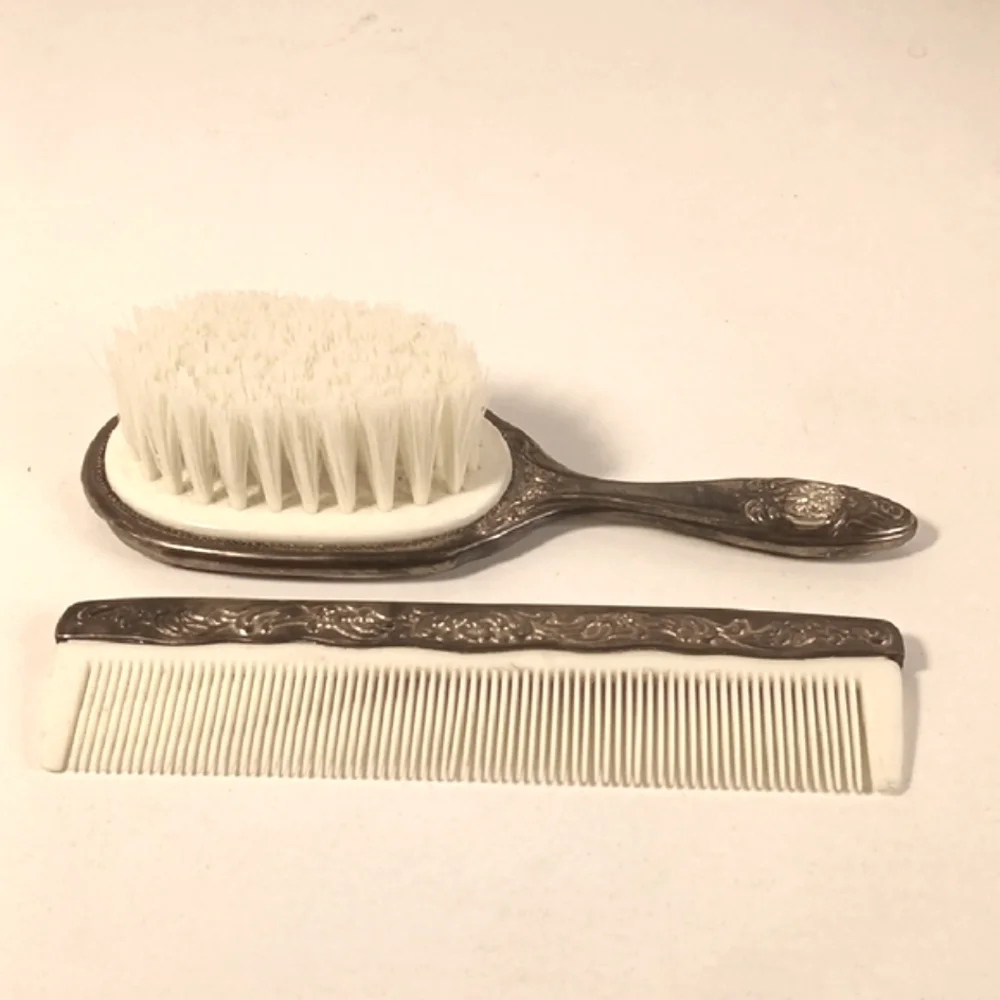 Vintage Silver Plated Ornate Floral Hair Brush And Comb Vanity Set